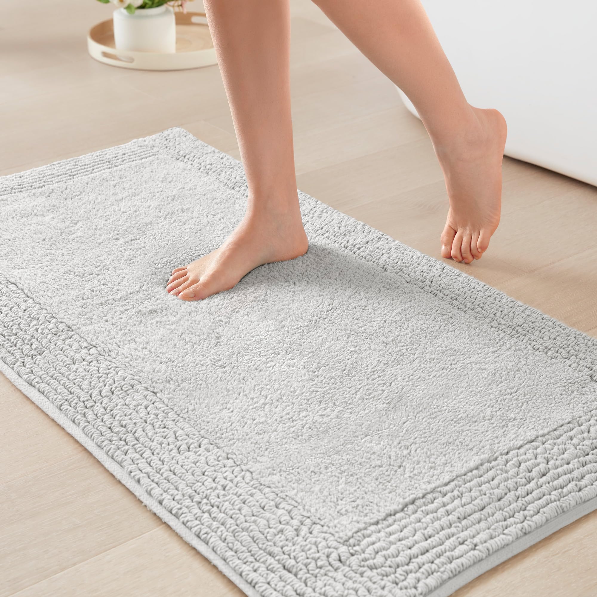Madison Park front view of grey bath rug showing plush surface and aesthetic benefit