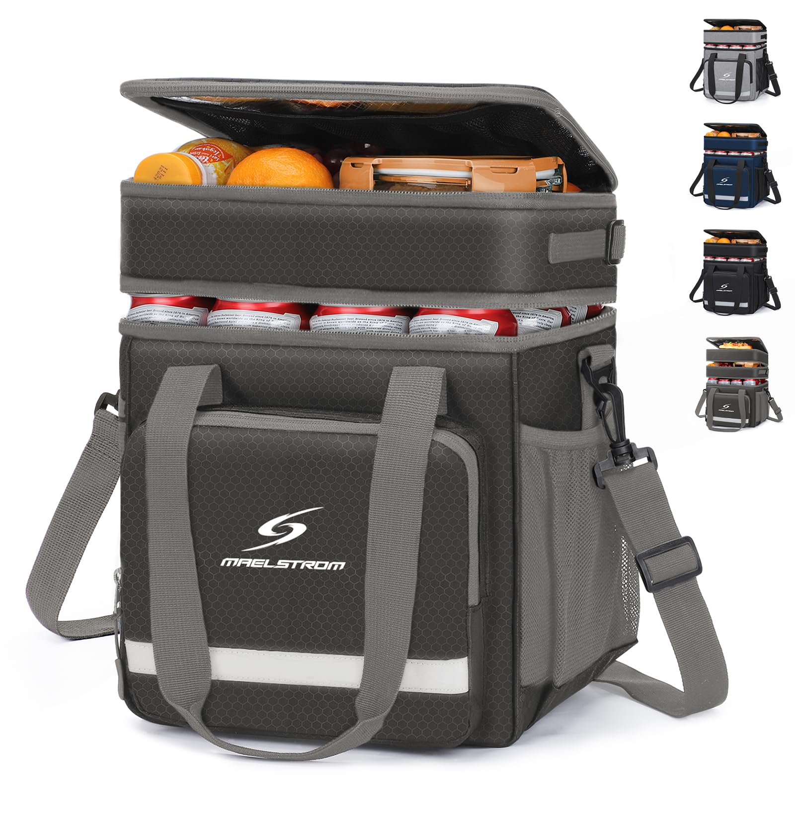 Maelstrom front view grey lunch tote showing compact organized design and portability