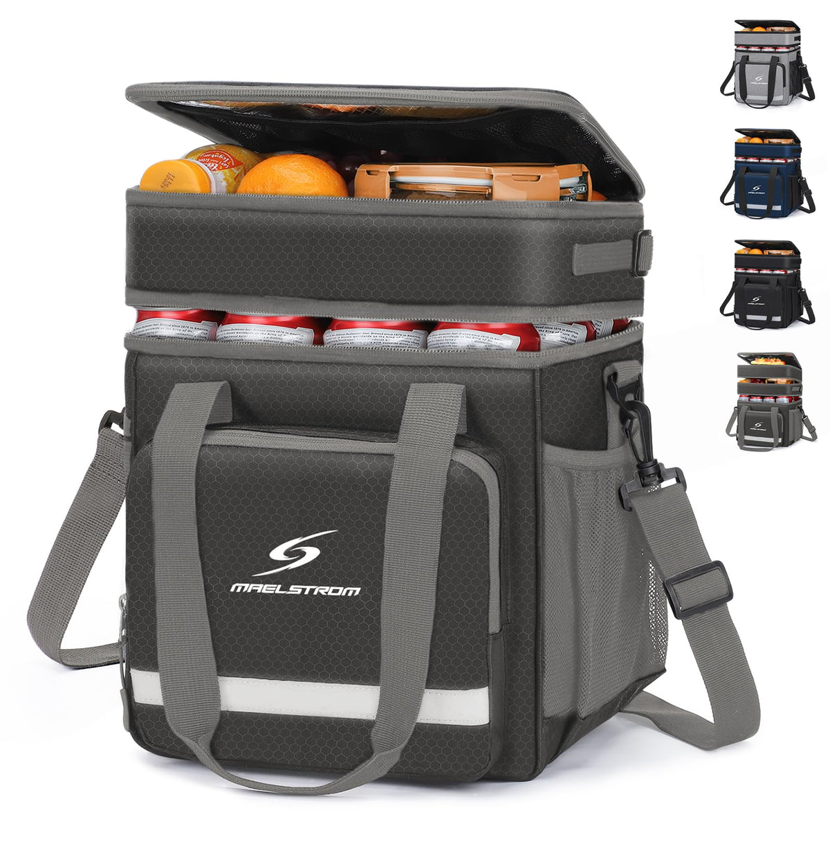 Maelstrom front view grey lunch tote showing compact organized design and portability