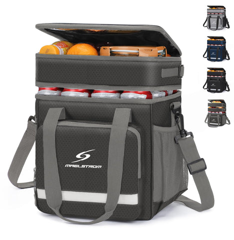 Maelstrom front view grey lunch tote showing compact organized design and portability