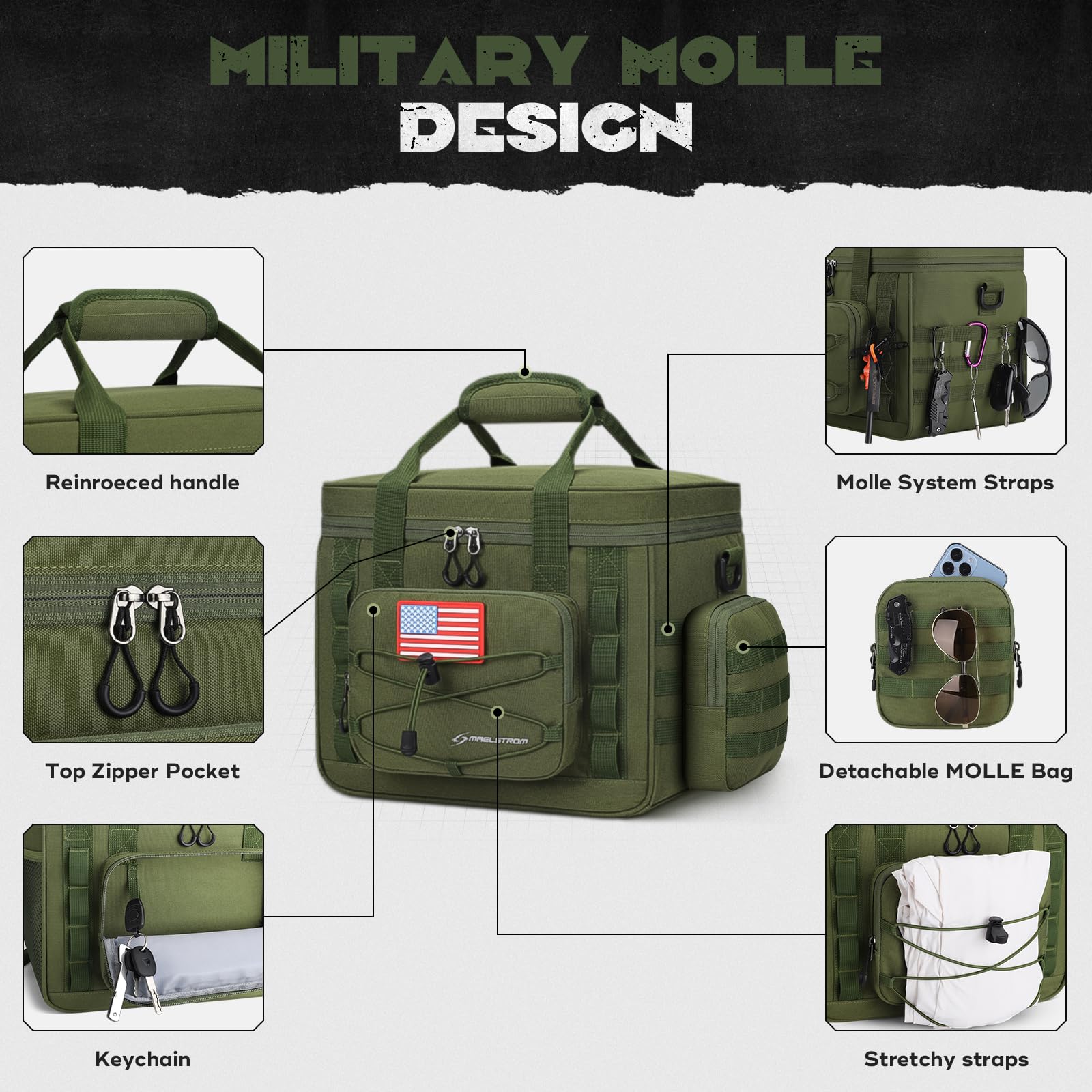 Maelstrom detachable MOLLE pouch attached to front for extra tool storage