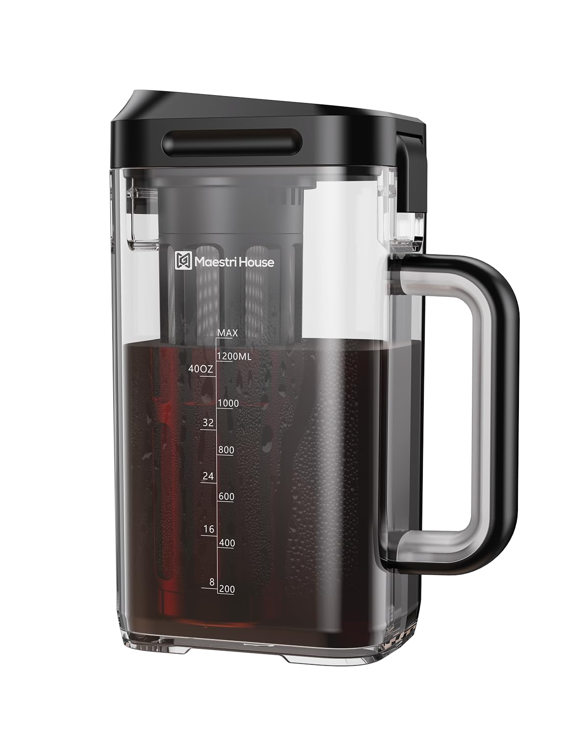Maestri House front pitcher view showing durable Tritan and clear markings for precise brewing