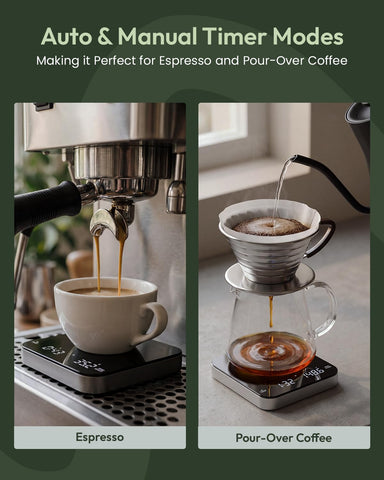 Maestri House scale under portafilter timing and weighing an espresso shot for consistent results