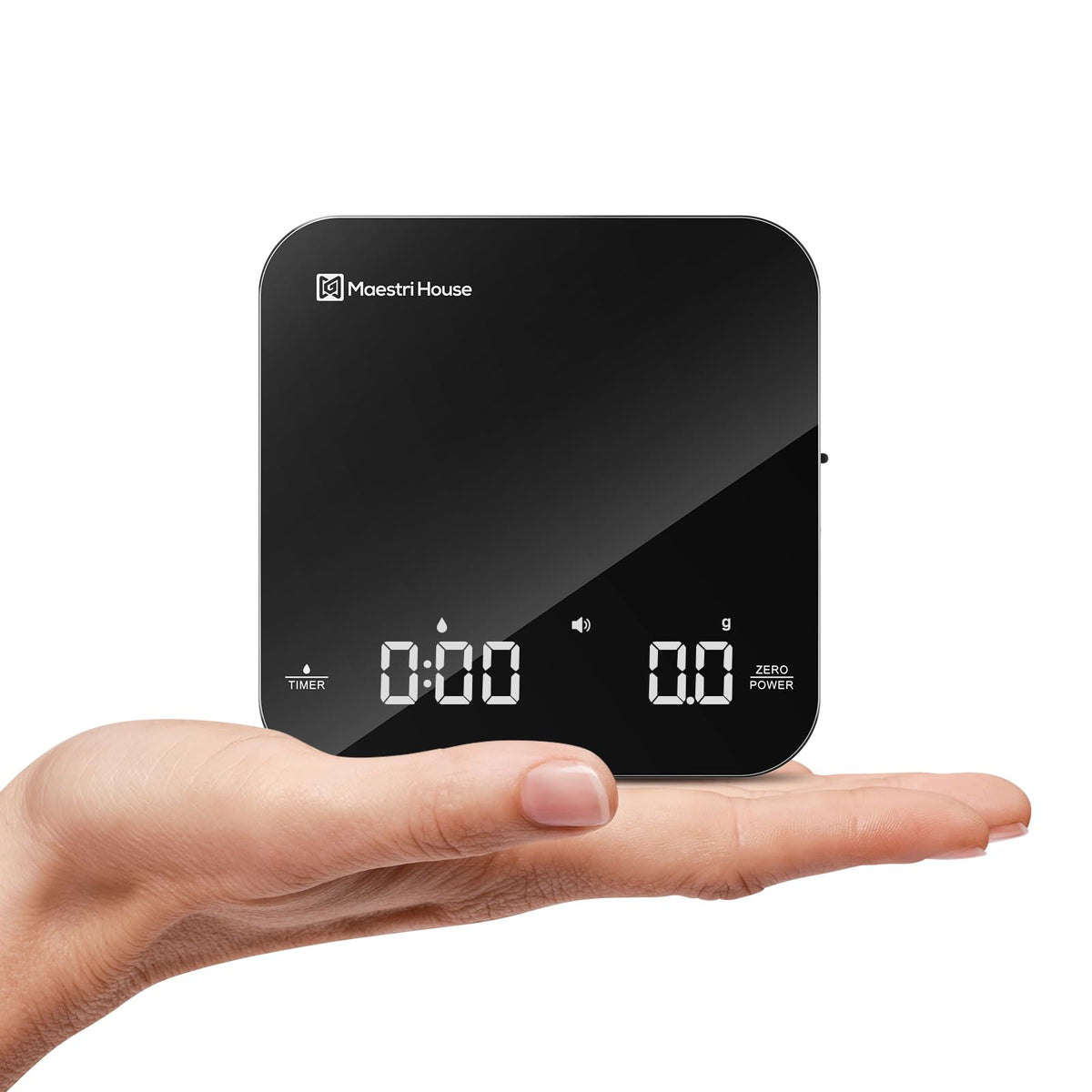 Maestri House front view of compact espresso scale showing sleek design and accurate weighing