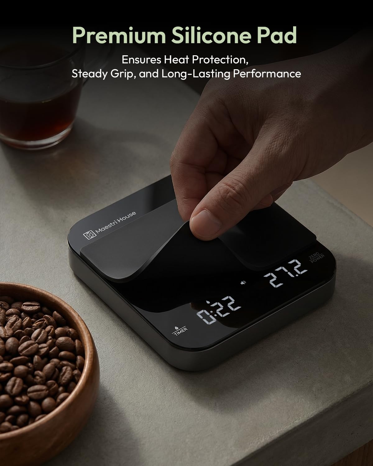 Maestri House scale on kitchen counter beside espresso machine conveying premium aesthetic