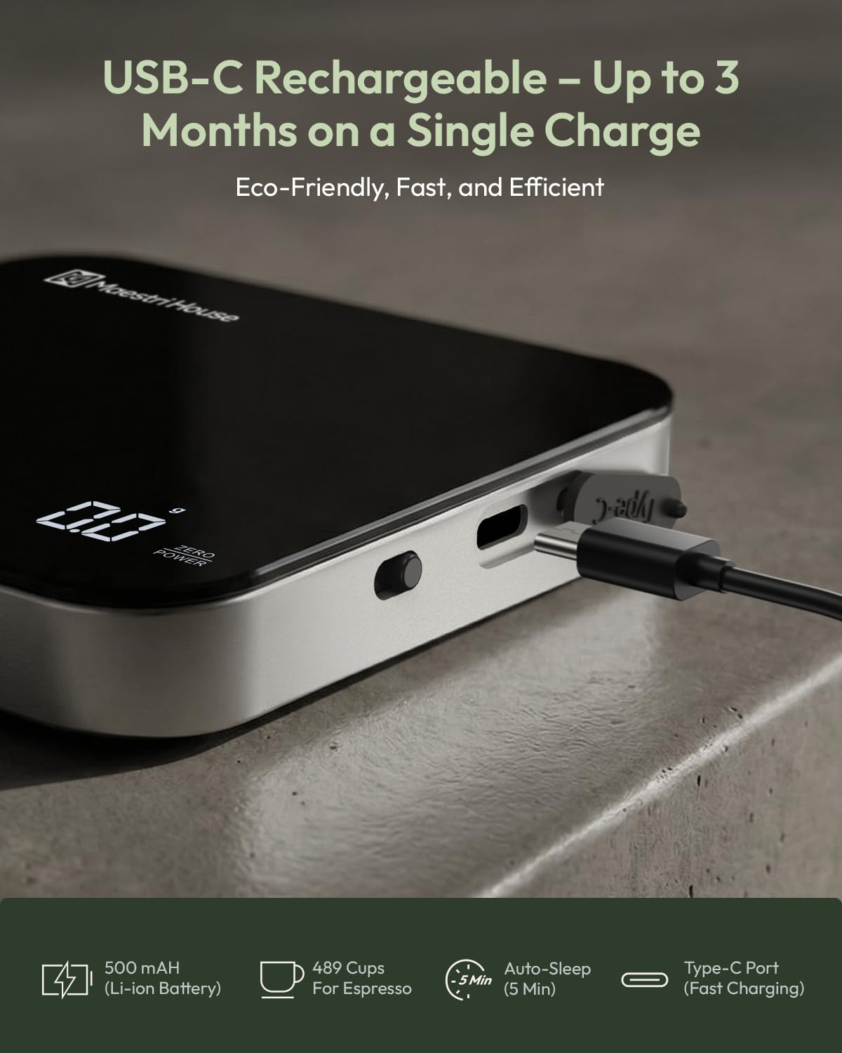 Maestri House USB-C charging port view highlighting rechargeable battery and no-battery use