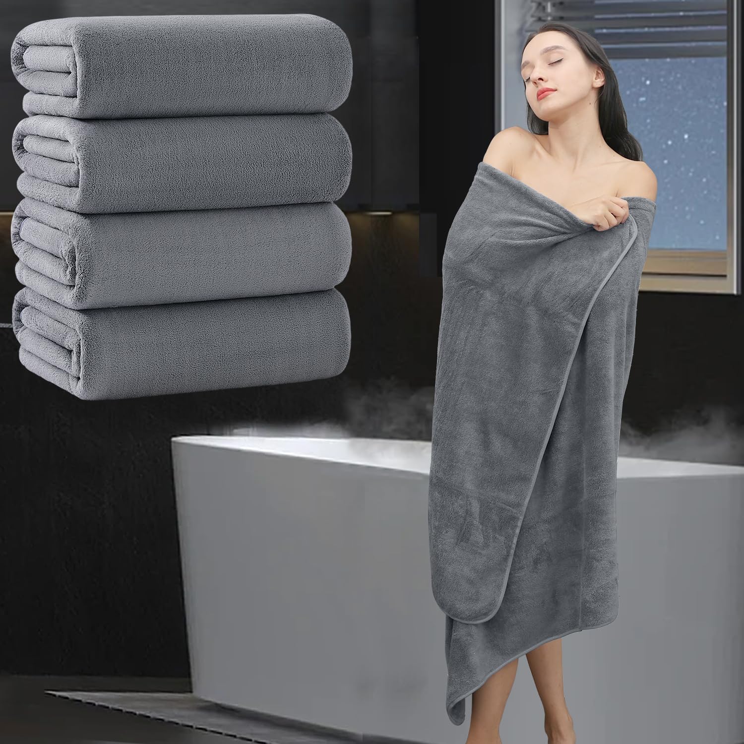 MAGGEA folded front view showing dark grey oversized bath sheet and neat finish