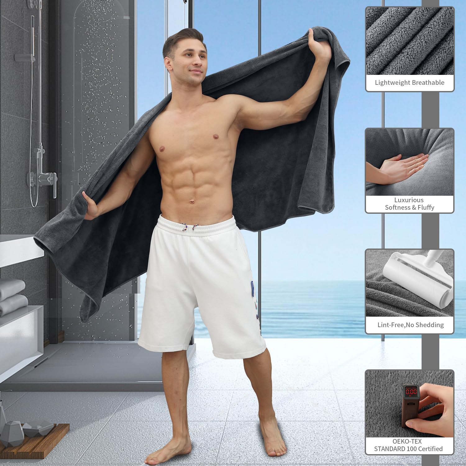 MAGGEA towel wrapped around adult after shower demonstrating full-body coverage