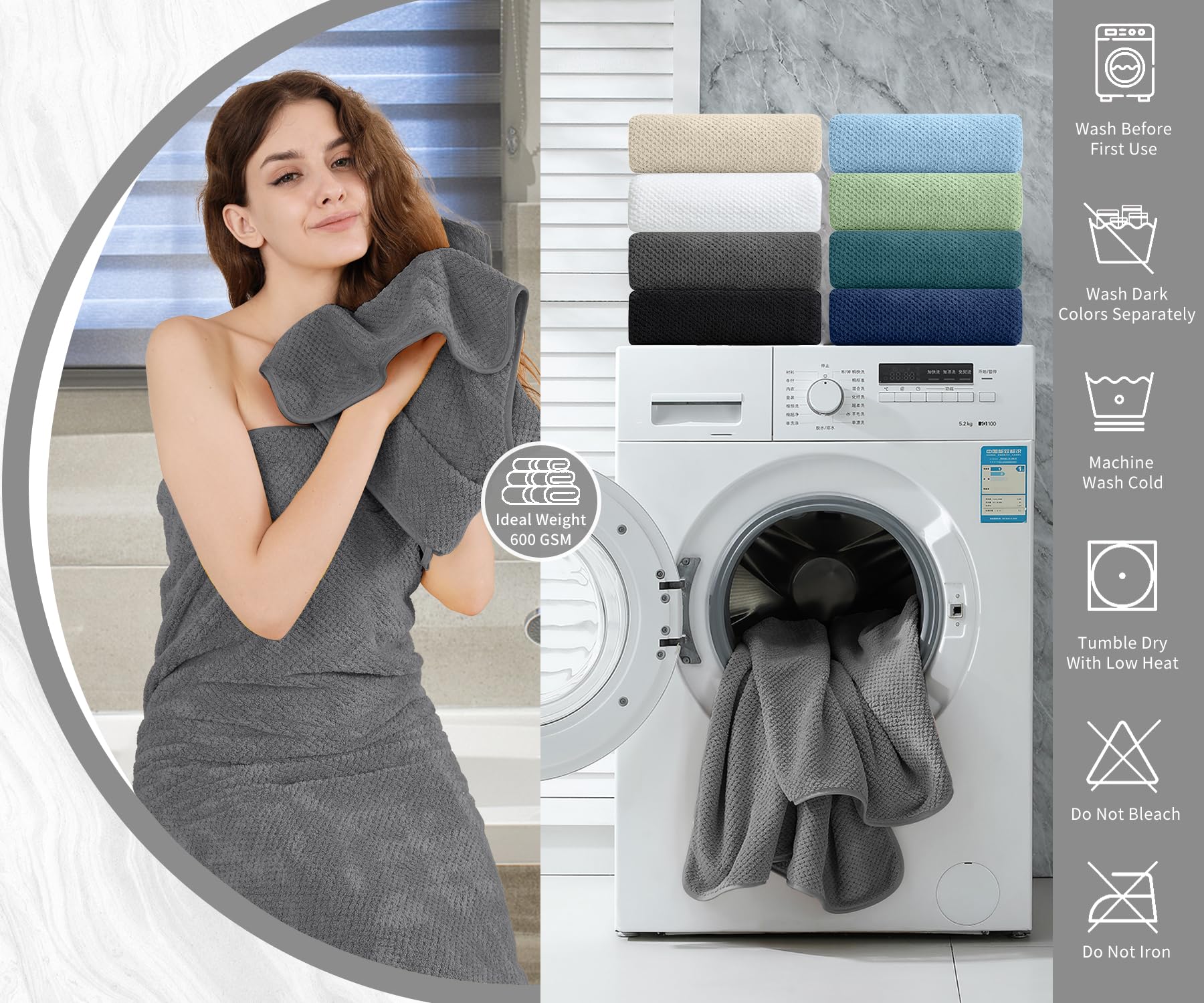 MAGGEA beside standard towel showing 35x70 size advantage for better wrap benefit