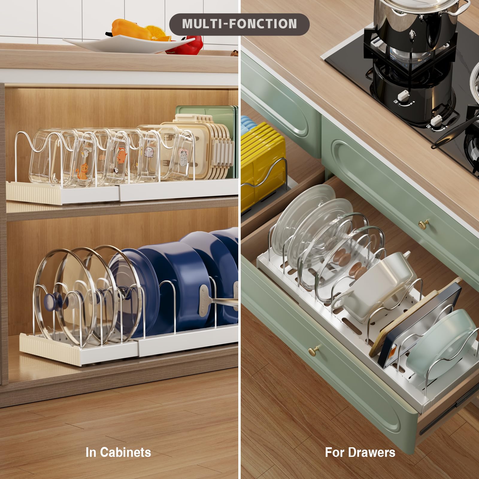 Magheo in use with pot lids and containers for tidy cabinet storage