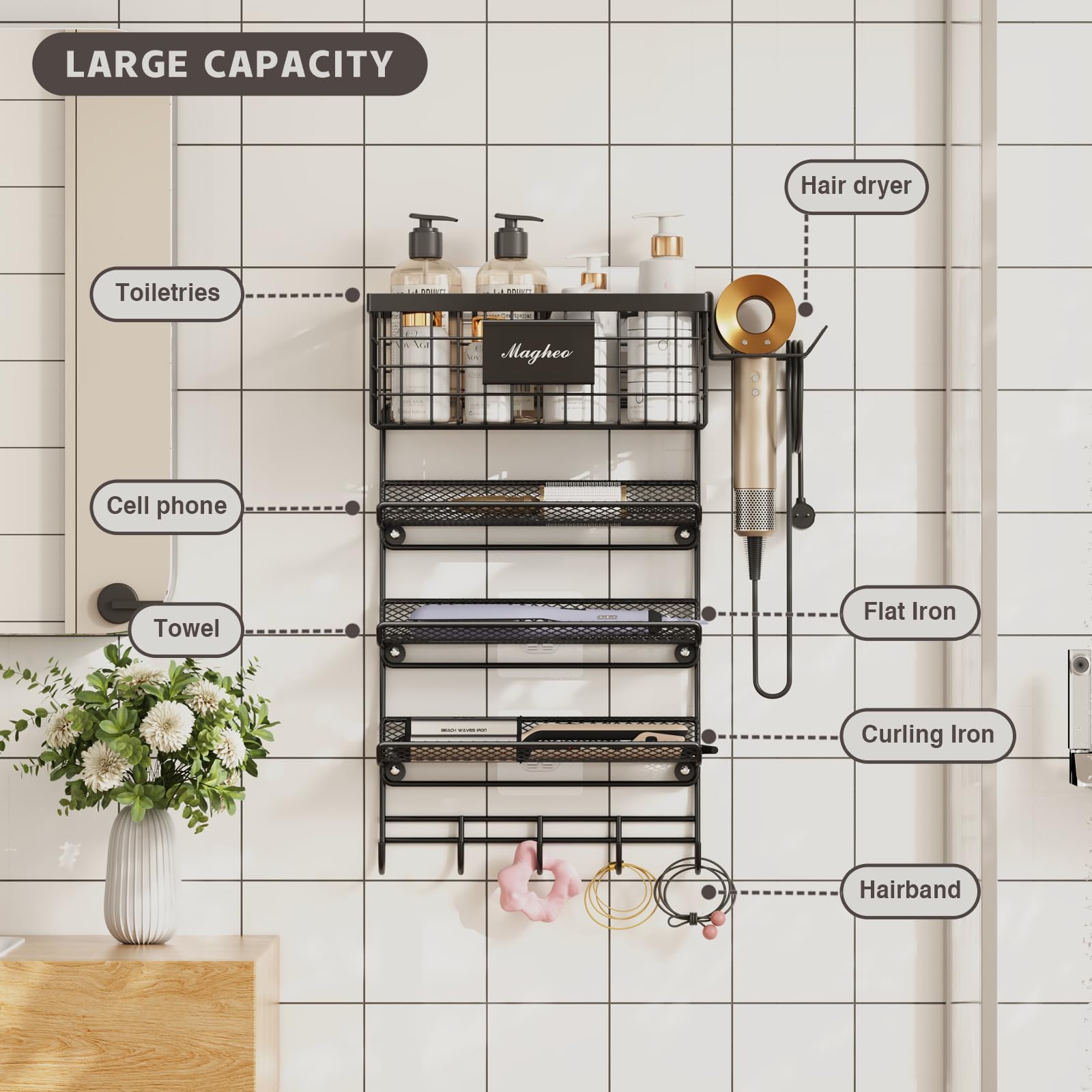 Magheo mesh shelves holding straightener and brush for safe cooling and tidy storage