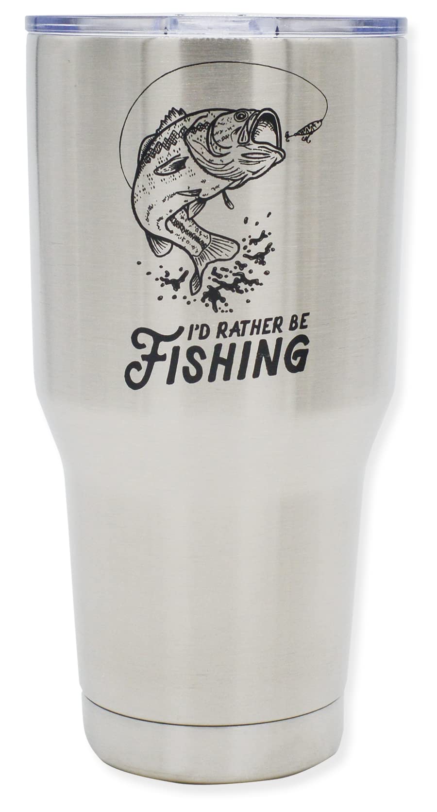 Magic Pine front view of tumblers showing fishing phrase and durable finish