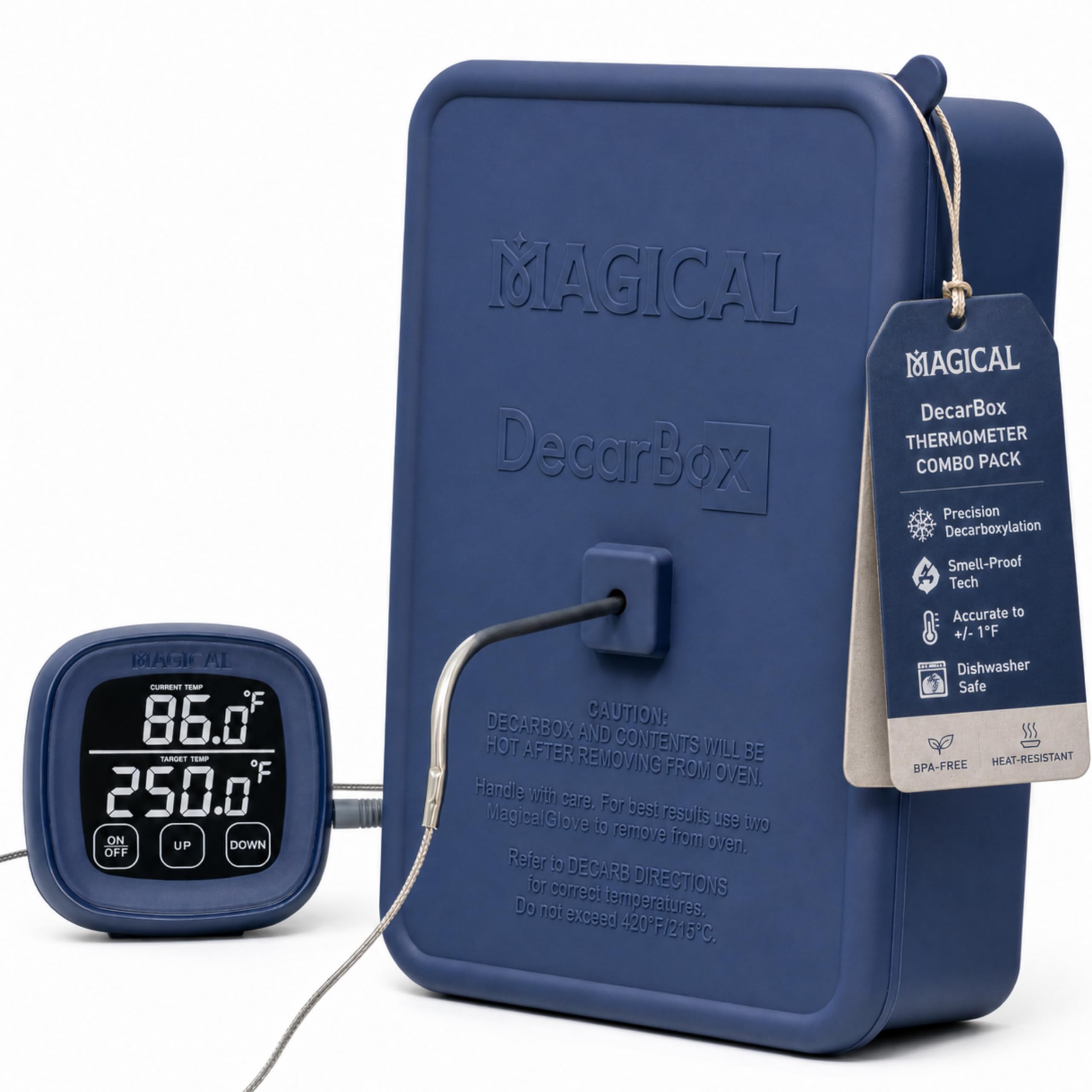 MAGICAL BUTTER front view of DecarBox showing compact oven-safe container and benefits