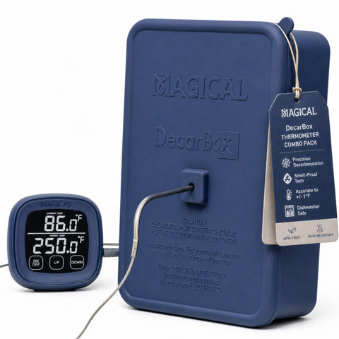 MAGICAL BUTTER front view of DecarBox showing compact oven-safe container and benefits