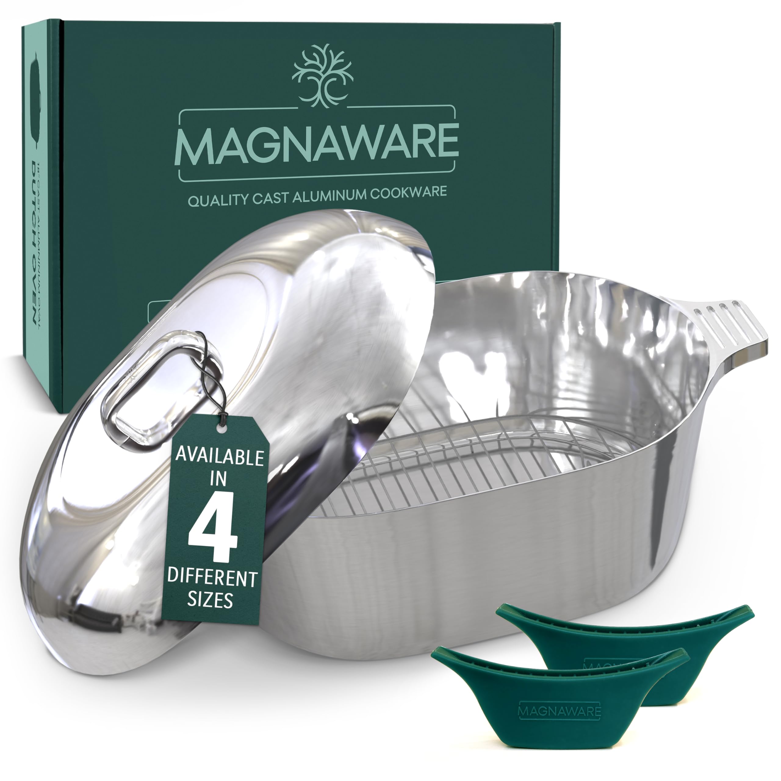 MAGNAWARE front view showing oval Dutch oven and lid, presents durable cooking surface