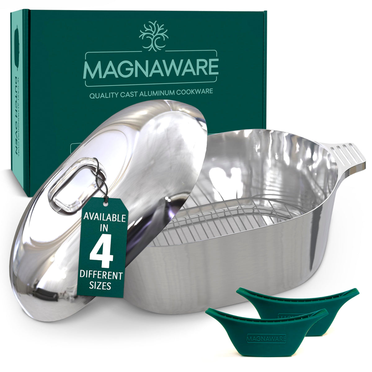 MAGNAWARE front view showing oval Dutch oven and lid, presents durable cooking surface