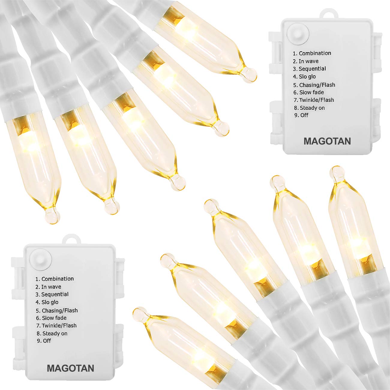 MAGOTAN front packaging showing two 16ft LED string light packs and benefits