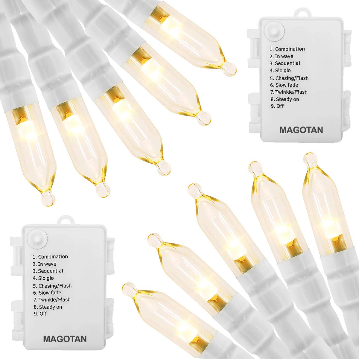 MAGOTAN front packaging showing two 16ft LED string light packs and benefits
