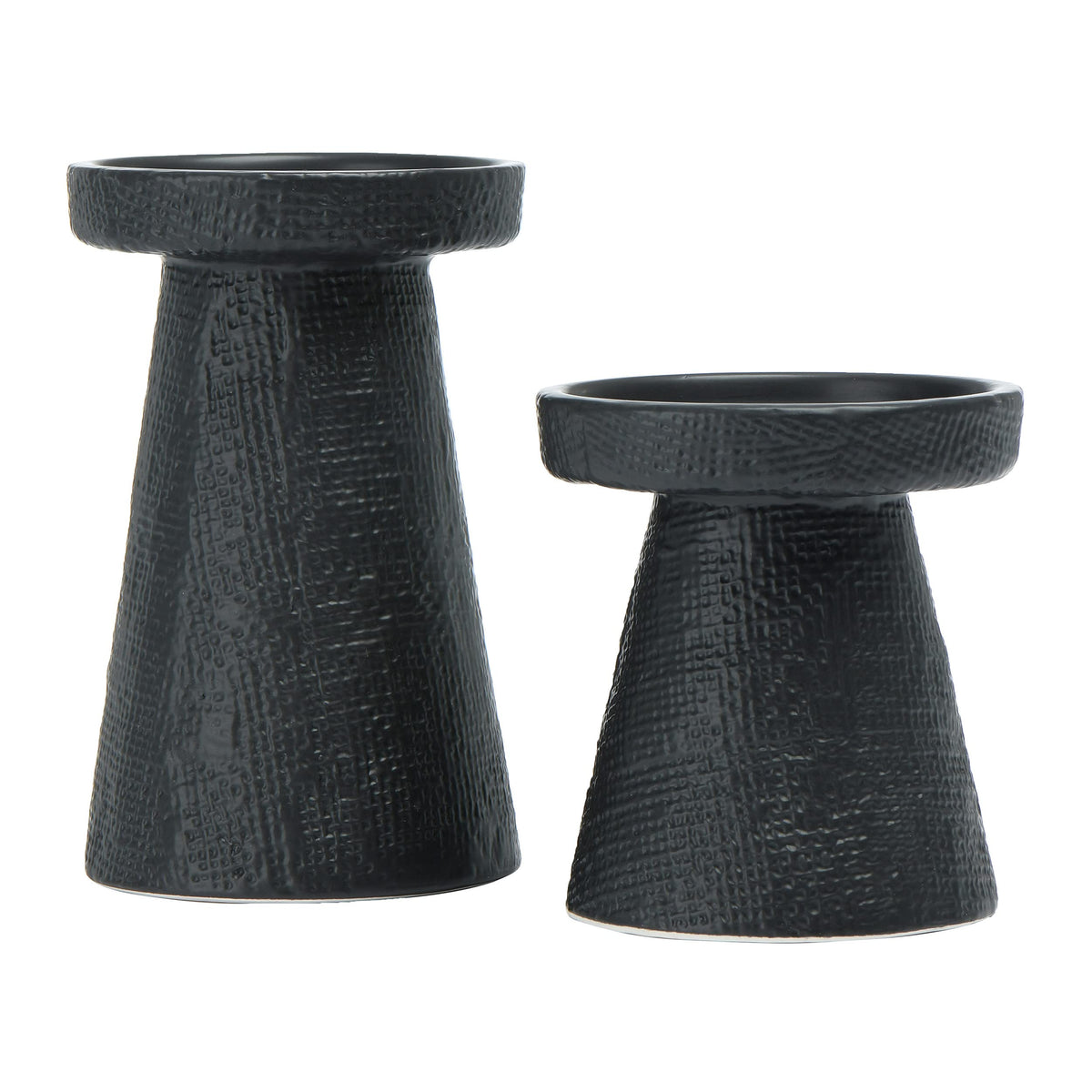 Main + Mesa front view of both satin black stoneware holders showing shape and finish