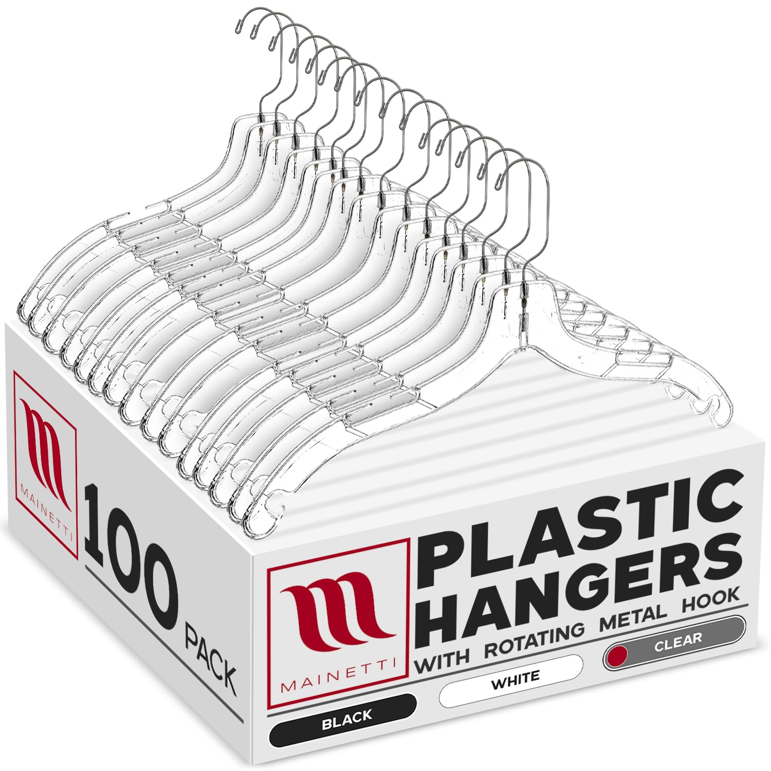 Mainetti clear hanger front view showing slim profile and tidy presentation