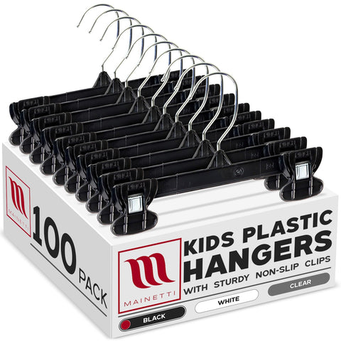 Mainetti front view of 100-pack black hangers showing neat packaging and value