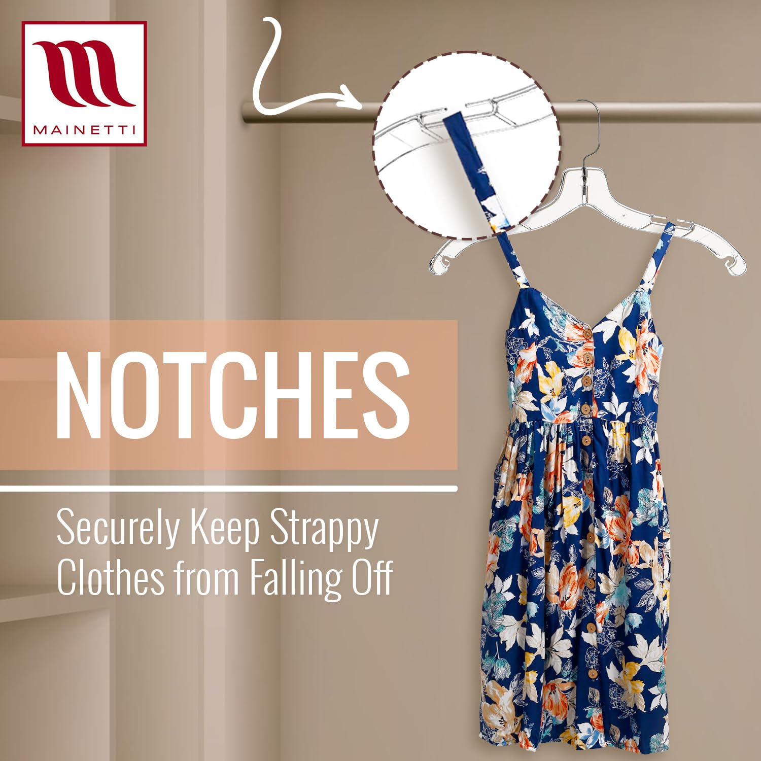 Mainetti hanger close-up of shoulder notches holding straps securely