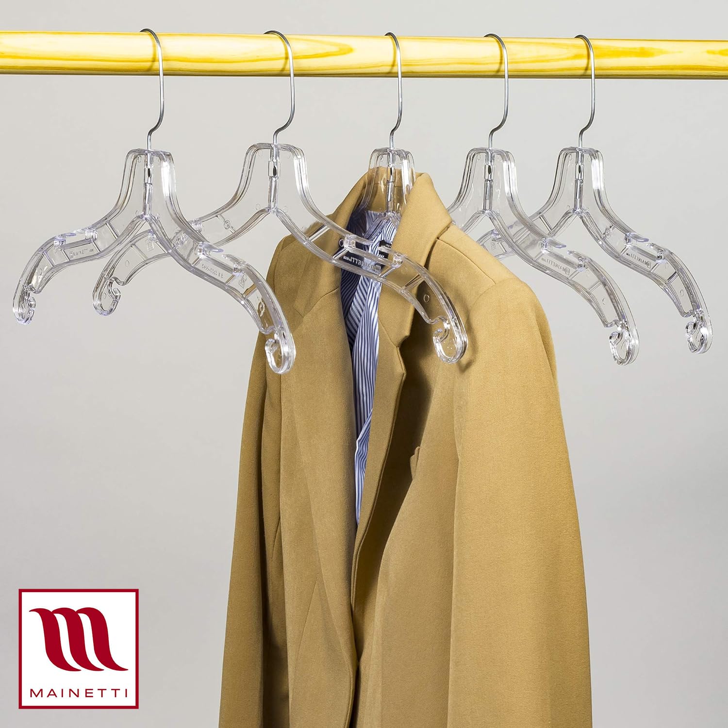 Mainetti hanger texture and smooth edge finish preventing fabric snags