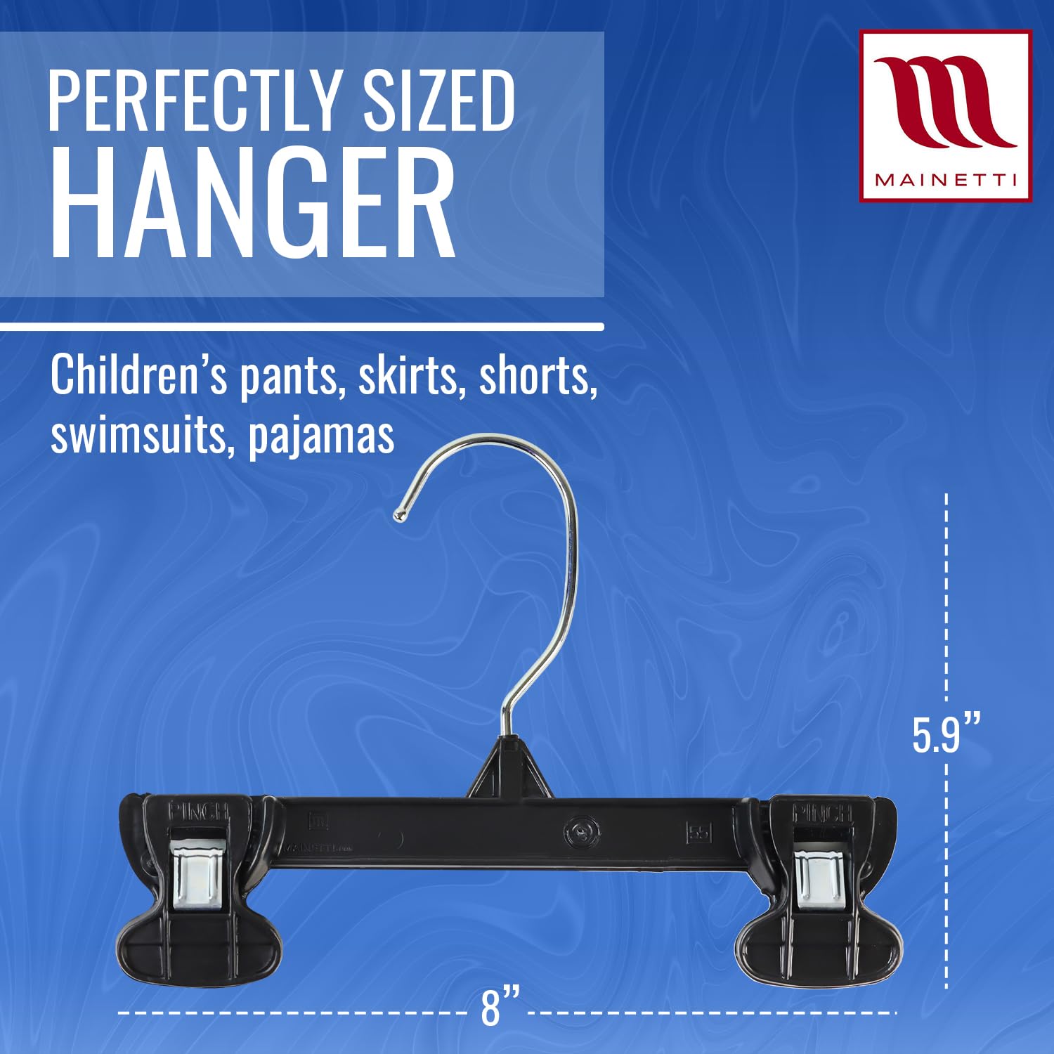 Mainetti metal rotating hook detail for smooth 360-degree movement benefit