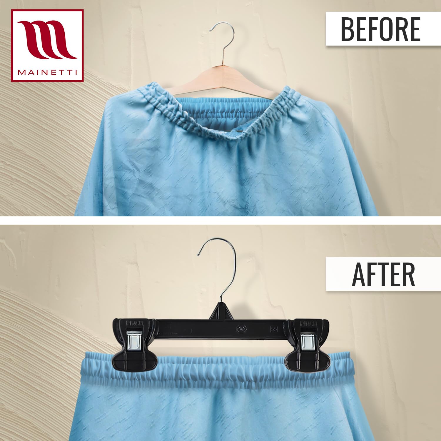 Mainetti hanger in hand to show 8-inch scale for small garments convenience