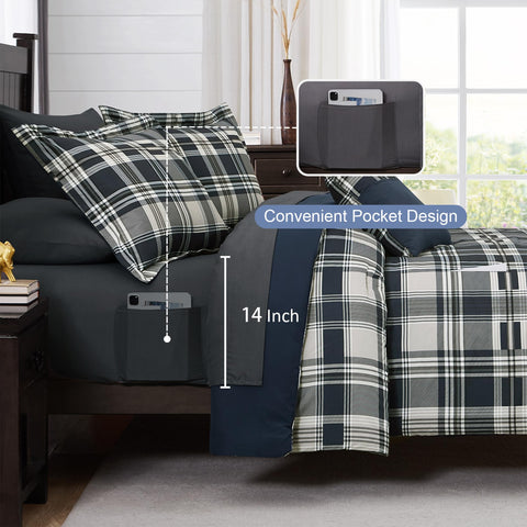 MaiRêve full bed styled in navy plaid showing coordinated bedroom look