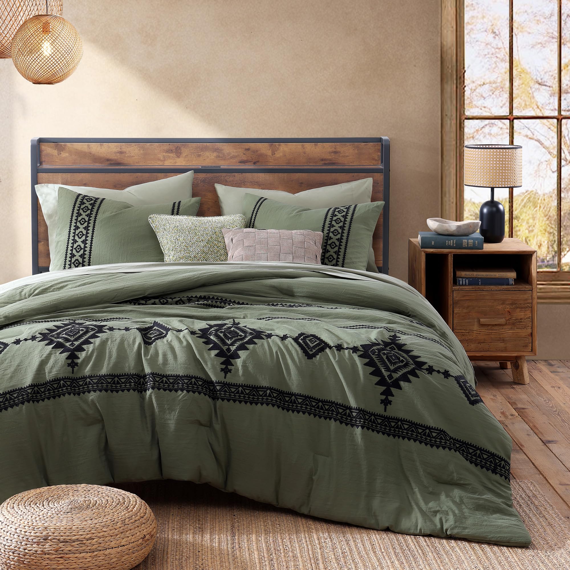 MaiRêve lifestyle bedroom with olive bedding creating warm ambiance benefit