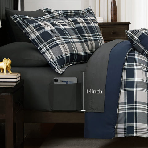 MaiRêve styled bedroom with navy plaid set showing coordinated aesthetic