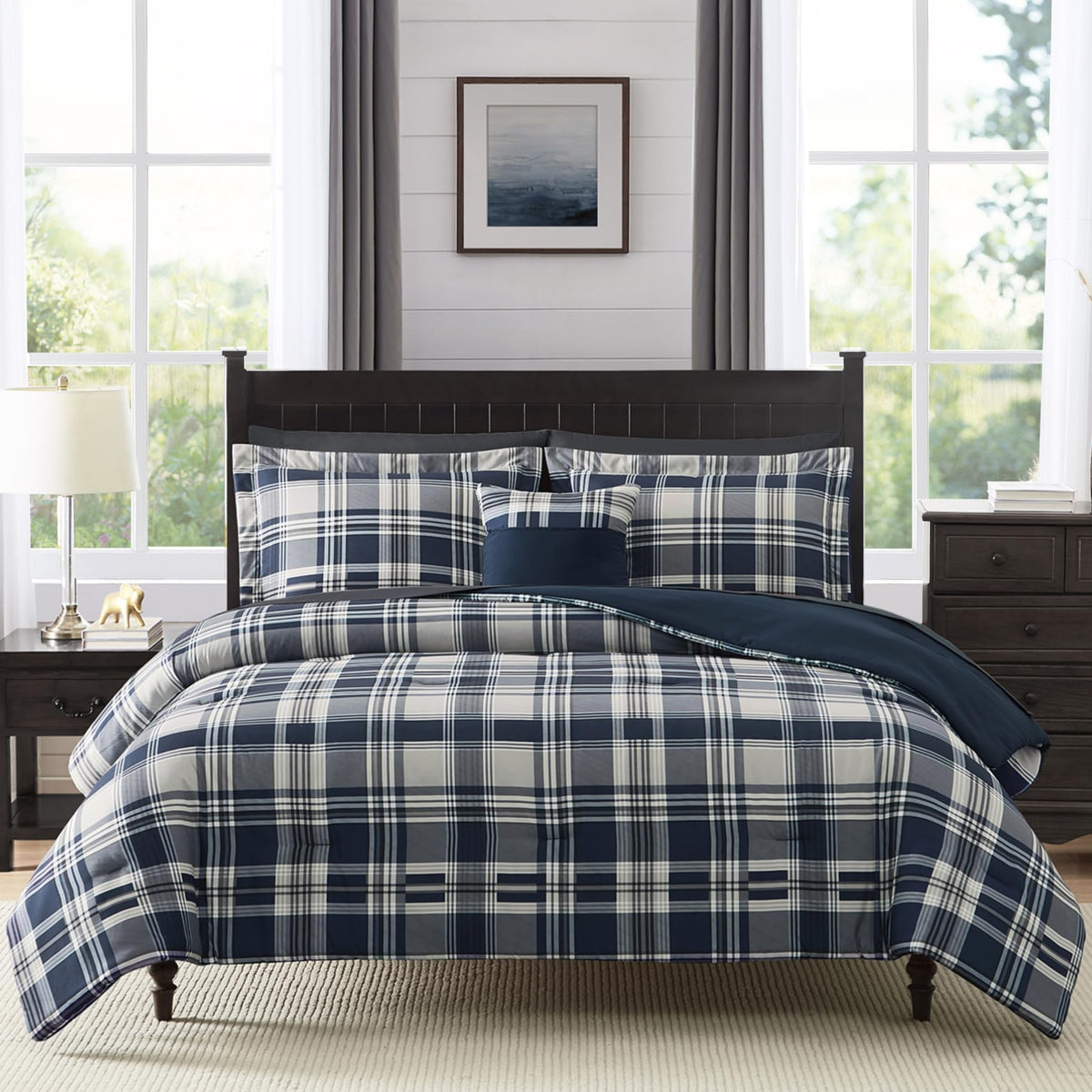 MaiRêve comforter front view showing navy plaid and polished bedroom look