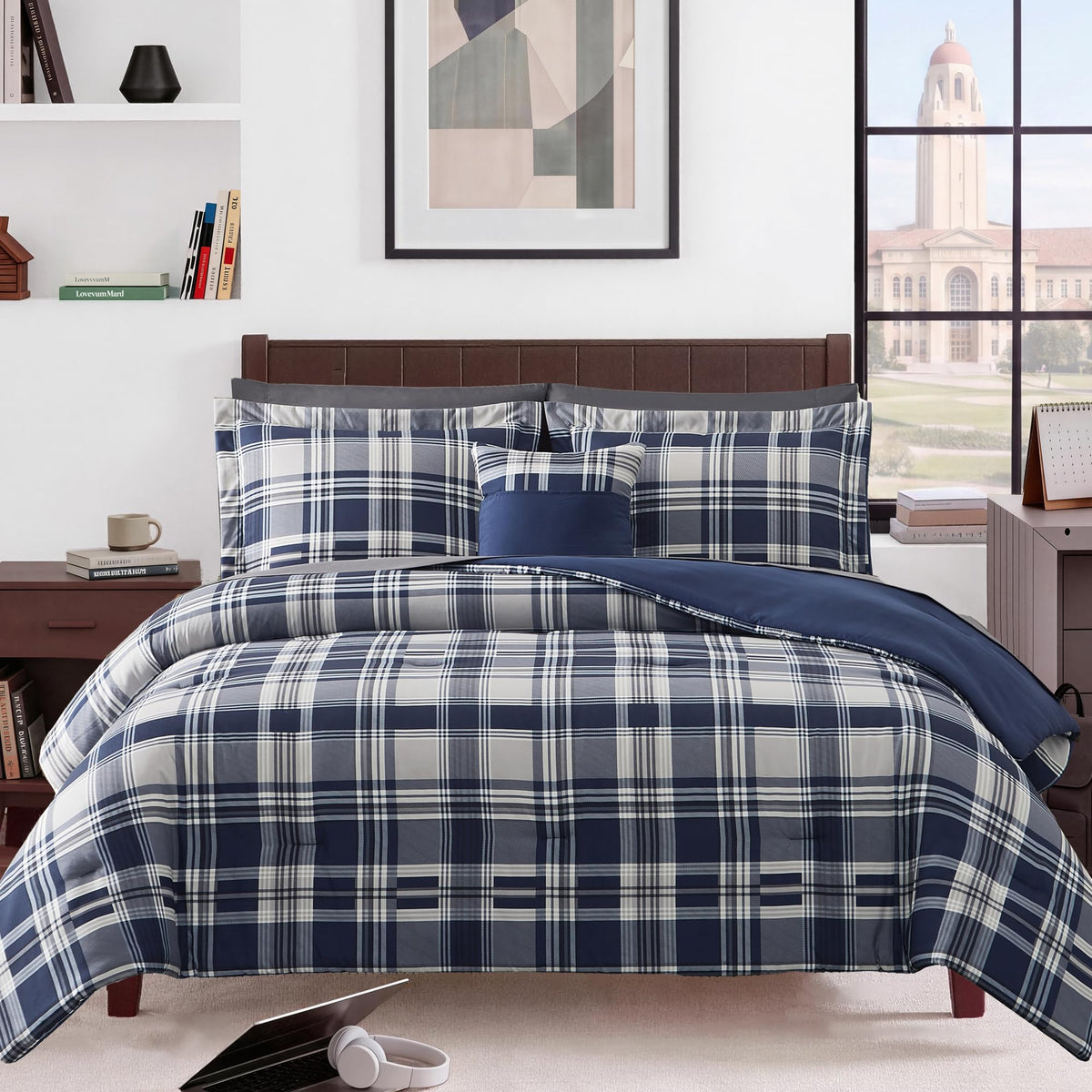 MaiRêve front view of navy plaid comforter showing inviting bedroom style