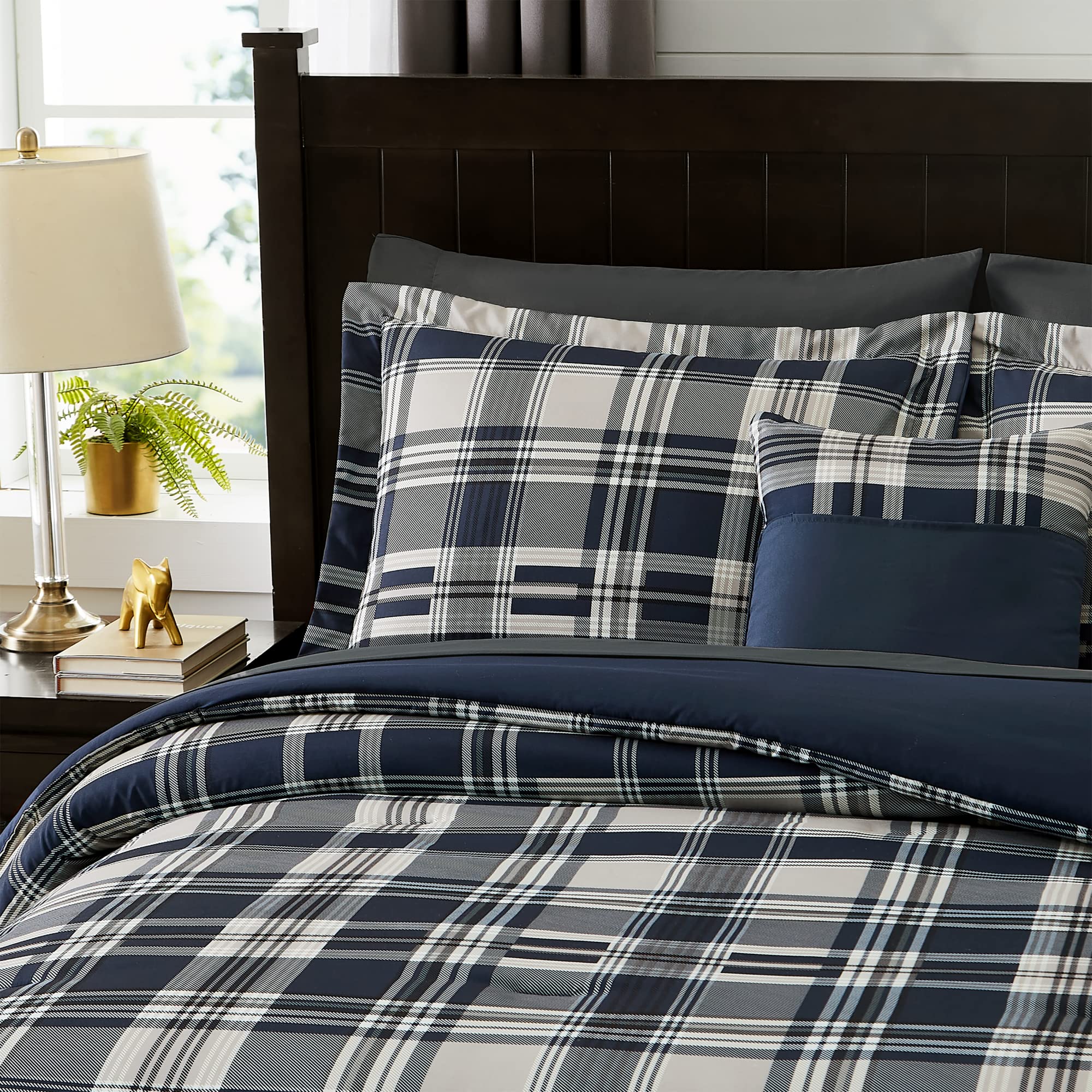 MaiRêve shams and pillowcases arranged to show matching plaid and comfort