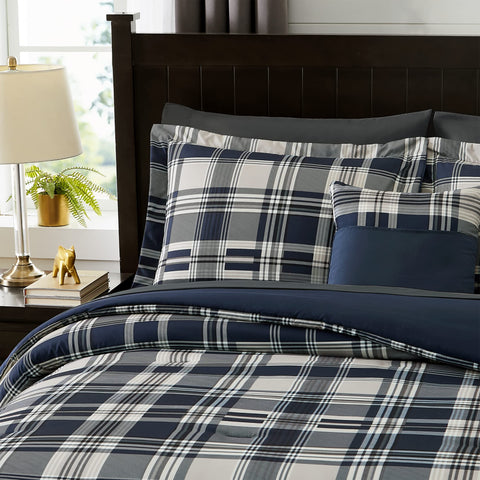 MaiRêve shams and pillowcases arranged to show matching plaid and comfort
