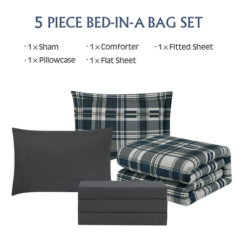 MaiRêve bedroom night scene showing navy plaid set creating warm, inviting atmosphere benefit