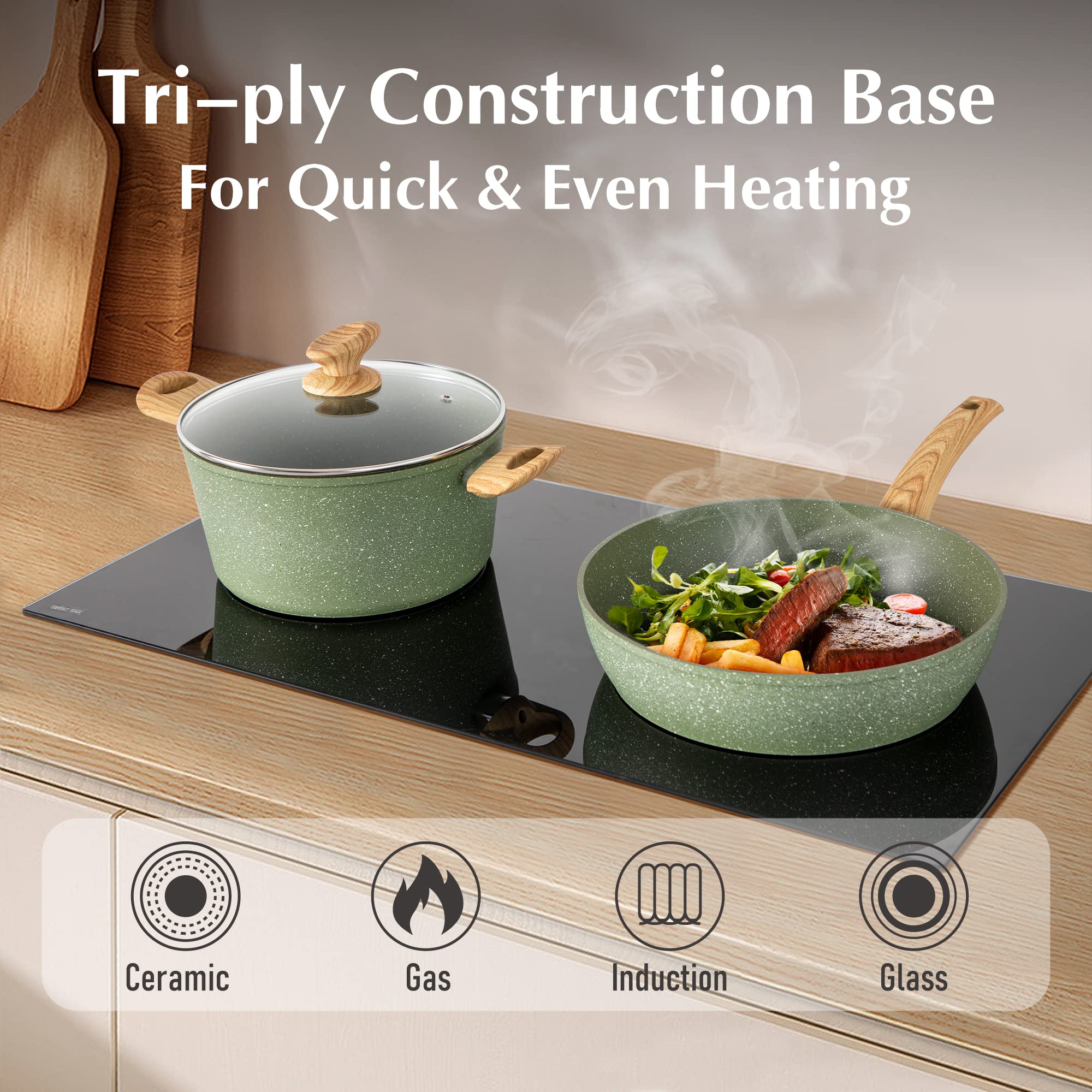 MAISON ARTS cookware on stovetop cooking meal for even heat benefit