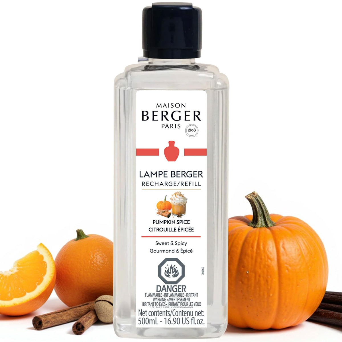 MAISON BERGER bottle front packaging showing Pumpkin Spice and benefits