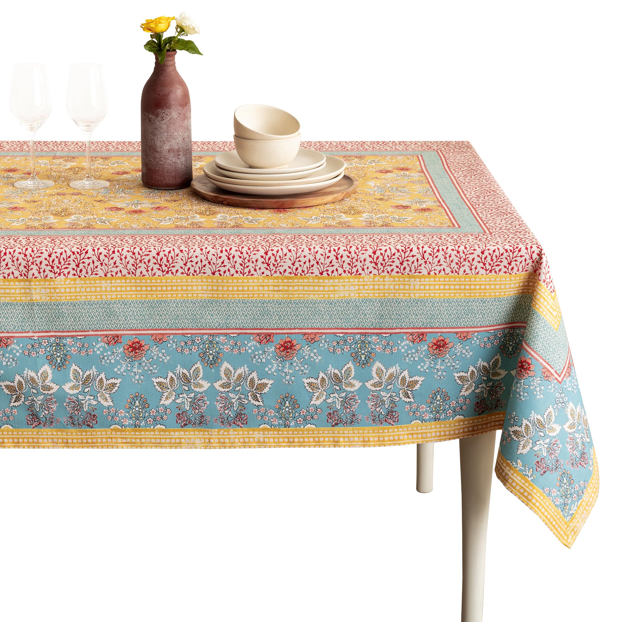 Maison d' Hermine front view of tablecloth showing full pattern and tidy hem, enhances dining decor