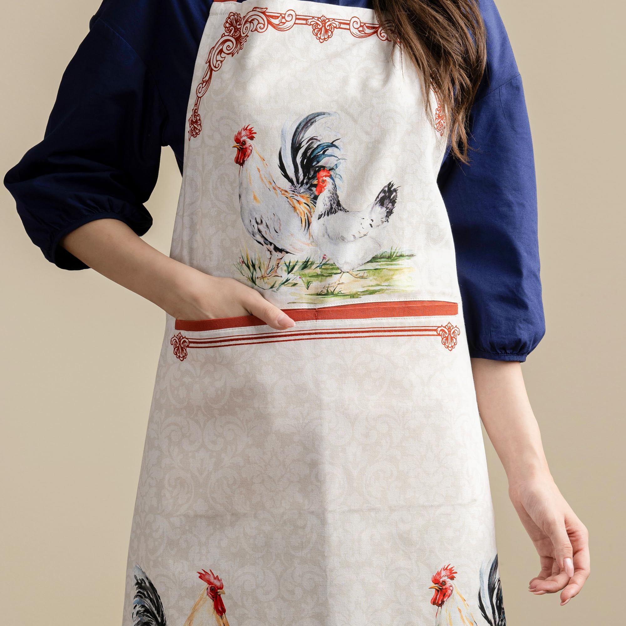Maison d' Hermine apron on table with measuring tape to show size and coverage