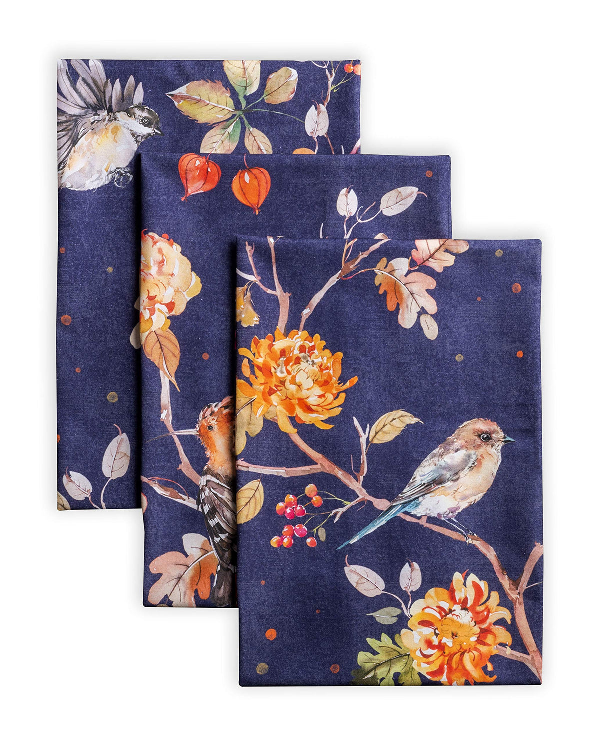 Maison d' Hermine front view of three-towel set showing designs and packaging benefits
