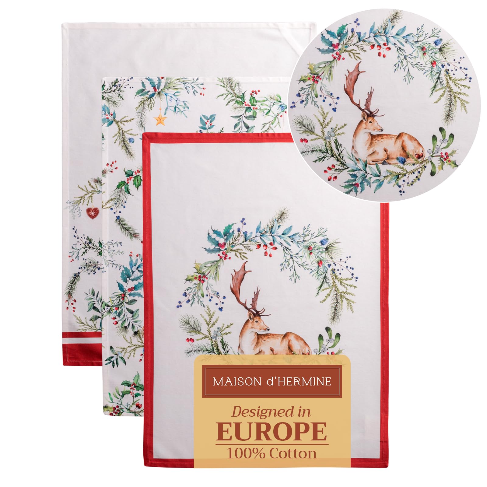 Maison d' Hermine front view showing three towel designs and elegant packaging benefit: instant kitchen upgrade