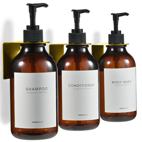 MaisoNovo front view of three amber gold dispensers showing spa-style benefit