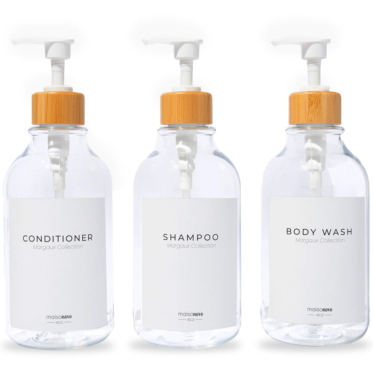 MaisoNovo clear bamboo front packaging showing three refillable bottles for organized showers