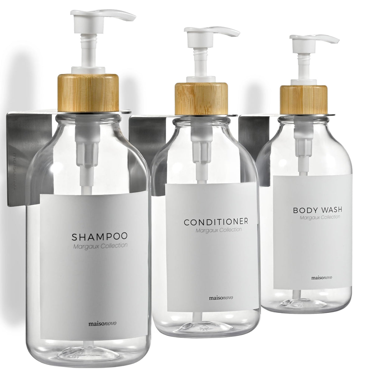 MaisoNovo clear bamboo front packaging showing three refillable bottles—streamlines bathroom storage