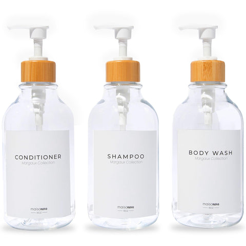 MaisoNovo clear bamboo front packaging showing three refillable bottles for organized showers