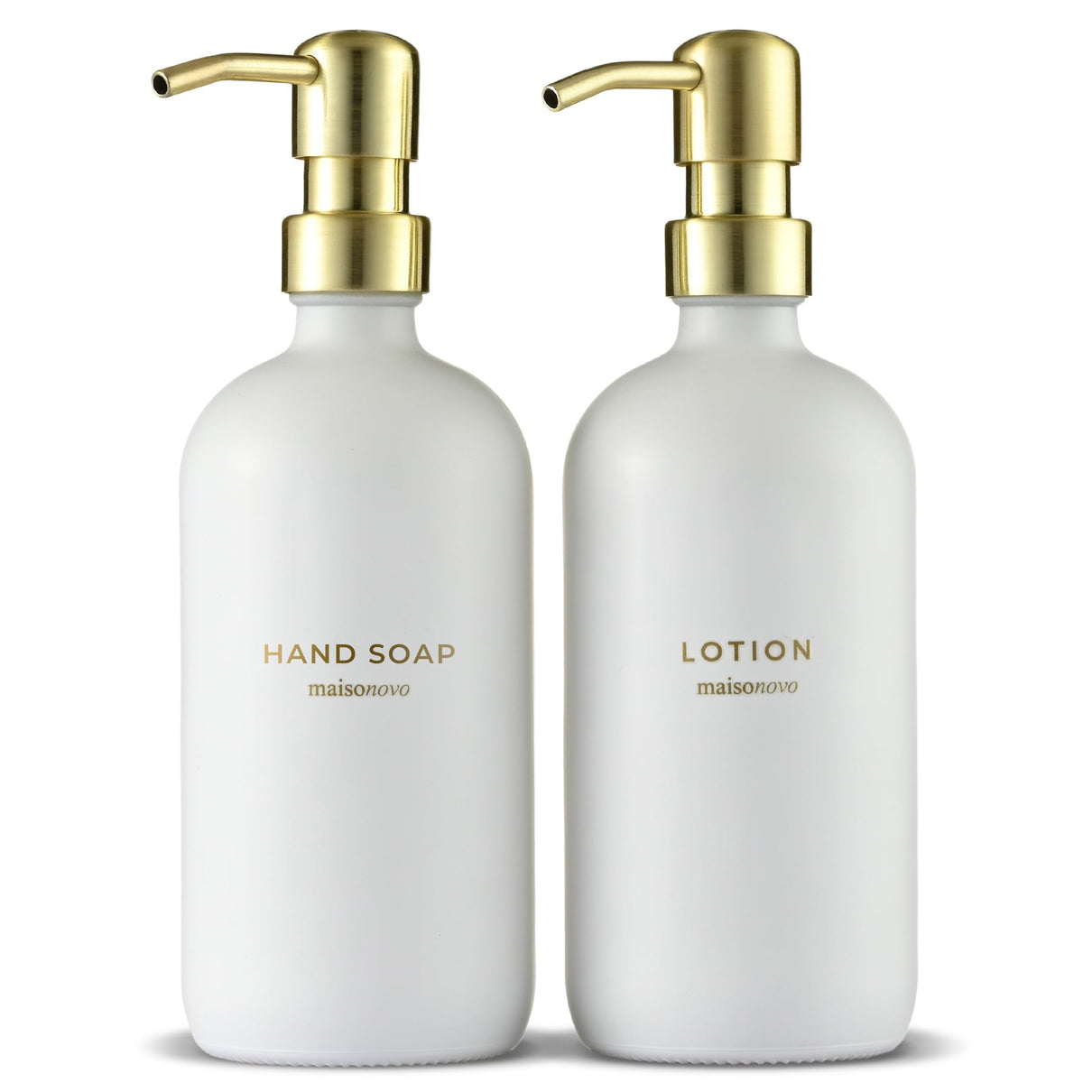 MaisoNovo front view of two clear dispensers showing elegant countertop styling