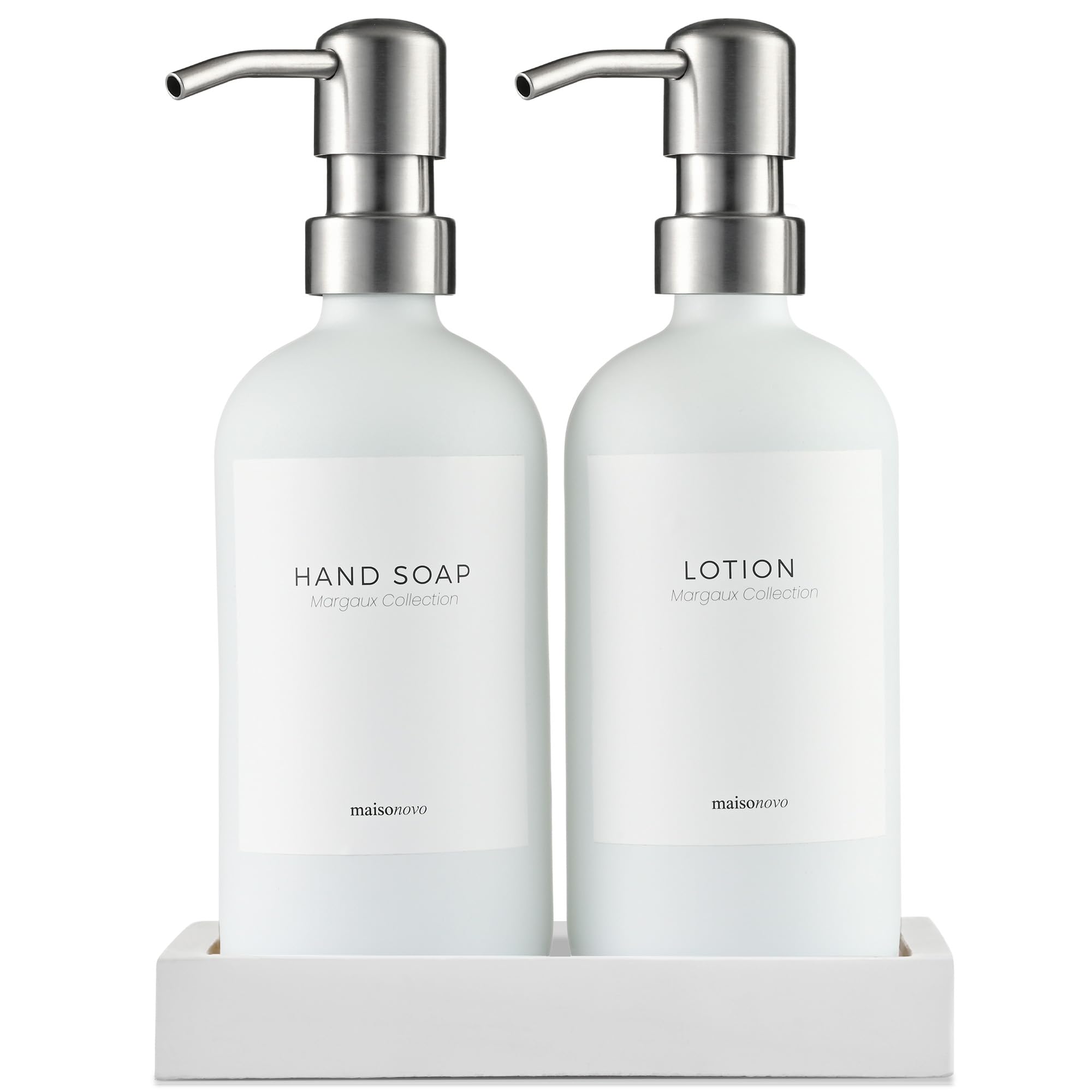 MaisoNovo front view of white dispensers showing clean countertop benefit