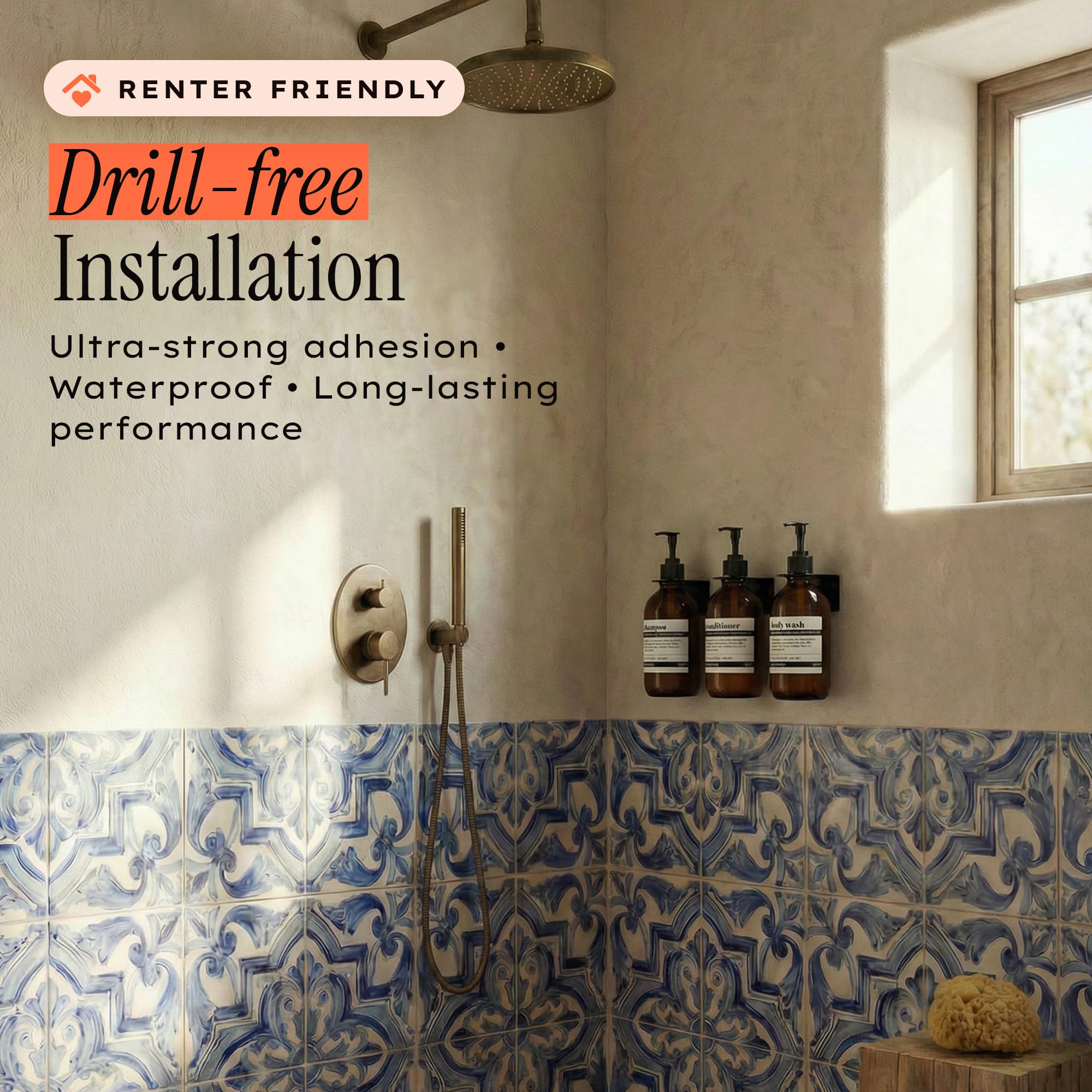 MaisoNovo mounted in shower lifestyle shot showing tidy, space-saving benefit